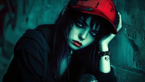 Midnight street dreamer in red cap and teal shadows.