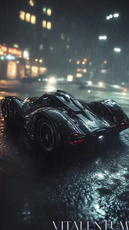 Low-angle view shows futuristic car on wet city street