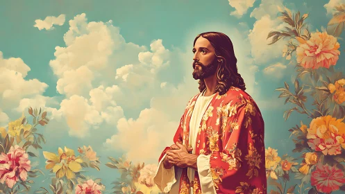 Serene robed figure in floral heaven beneath painted clouds.