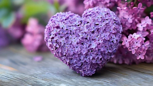 Purple Lilac Flowers Heart Shape on Wood Surface.
