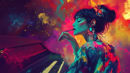 Chromatic portrait of pianist in saturated bokeh-like nebula hues