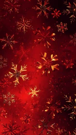 Golden snowflakes drifting across deep crimson glow.