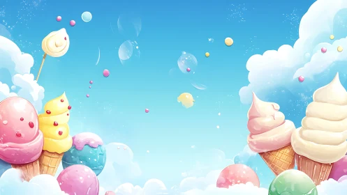 Whimsical sky filled with candy, ice cream cones, and colorful spheres.