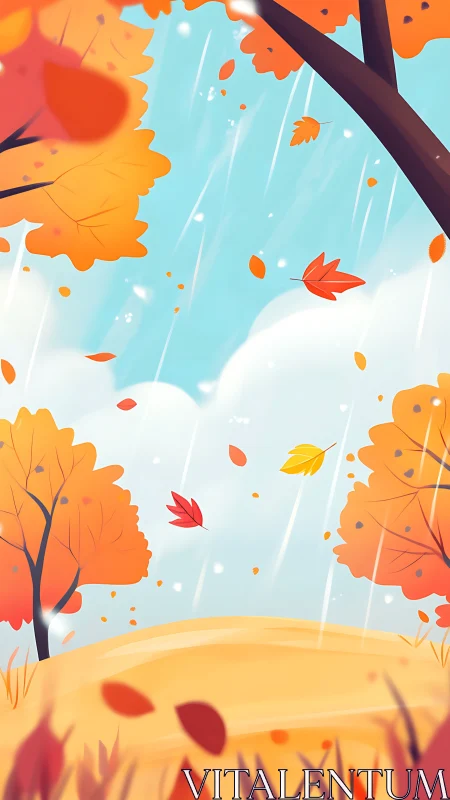 Golden autumn leaves swirl through a bright, breezy sky.