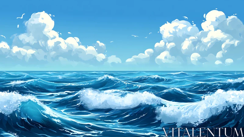 Sunlit waves roll under towering clouds on open sea