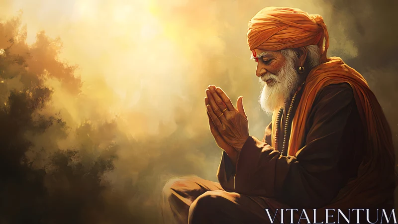 Sunlit sage in orange robes whispering silent gratitude.