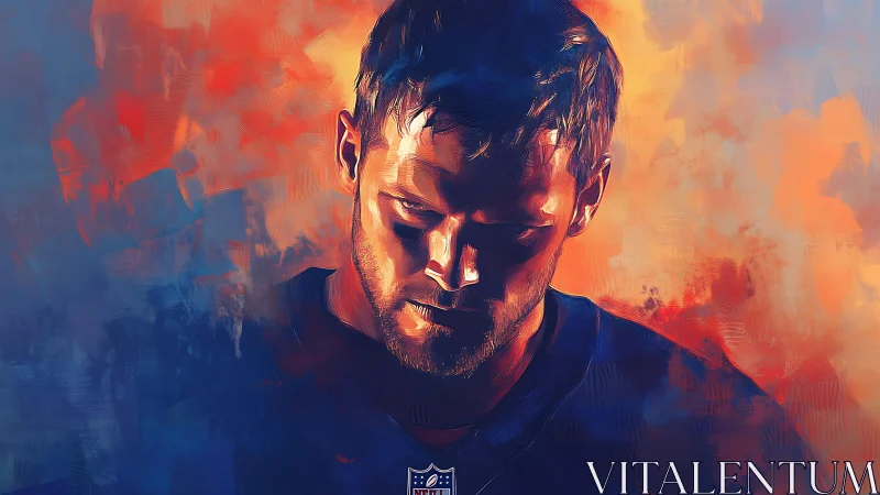 Brooding football player amid blazing abstract colors.