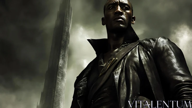 Stormlit sentinel beneath the looming obsidian tower skyward.