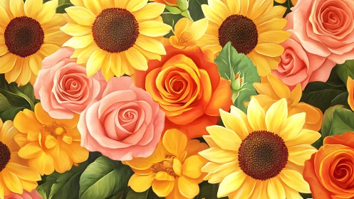 Sunflowers and Roses Dancing in Golden Light