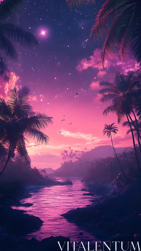 Neon-tide lagoon under star-sprinkled tropical twilight.