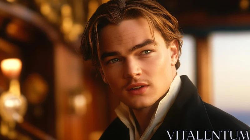 Young man in formal coat in warm interior setting.