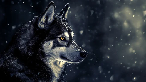 High-contrast side profile of snow-dusted wolf under soft bokeh snow
