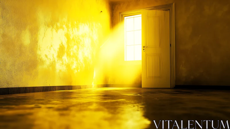 Sunlit doorway projects intense yellow light into empty room