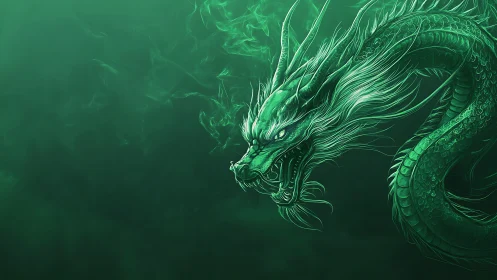 Emerald spirit dragon coils through dark ethereal mist.