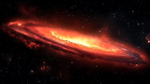 Fiery spiral galaxy glowing in deep black outer space.