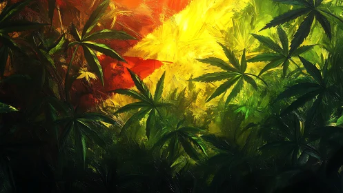 Lush tropical leaves soaking in bold sunset colors.