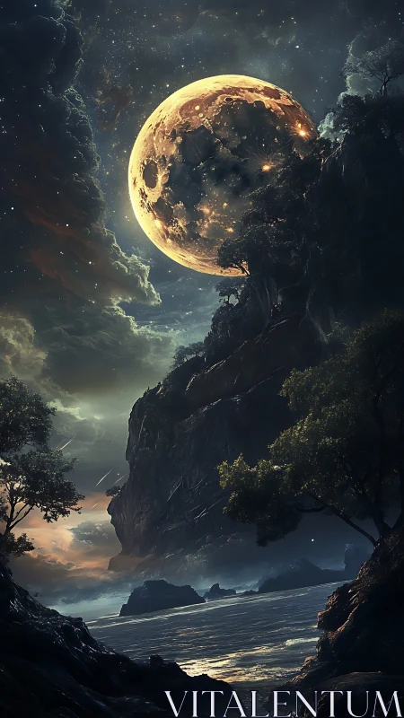 Large luminous moon above rocky coastal landscape at dusk.