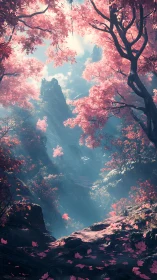 Pink Blossom Forest Canyon with Dramatic Sky