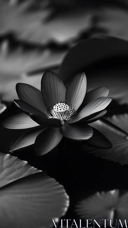 Monochrome lotus blossom rests in gentle spotlighted stillness.
