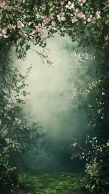 Enchanted forest glade opens into misty, dreamlike silence