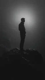 Silhouette of person on rocky outcrop in dense backlit fog.
