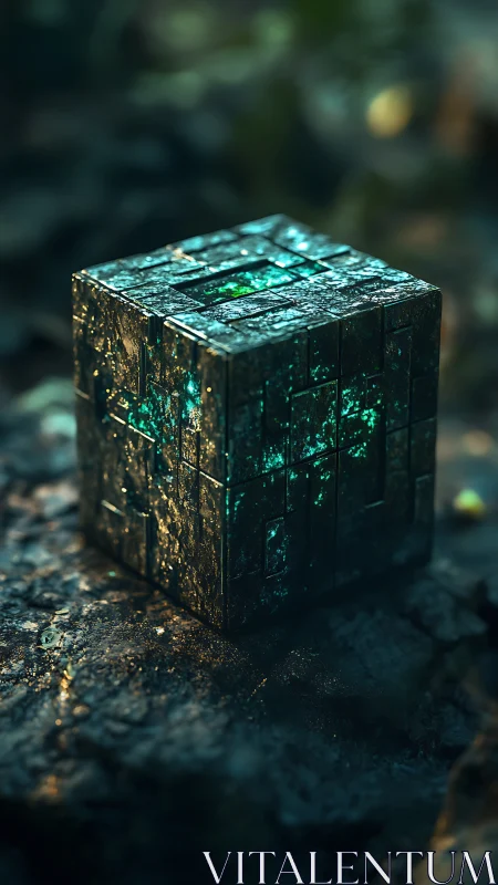 Weathered metallic cube with teal internal glow on stone.