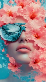 Surreal woman underwater with coral hibiscus and mirrored visor.