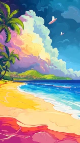 Tropical Beach Landscape with Palm Trees and Cumulus Cloud Formation