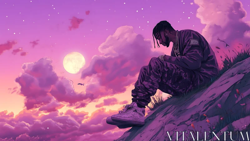 Solitary figure on hillside beneath vivid purple sky.