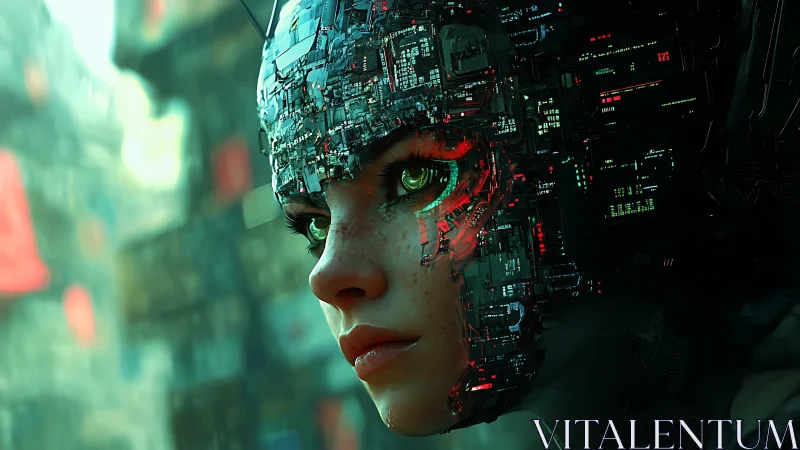 Cybernetic female portrait integrates dense PCB cranial armor