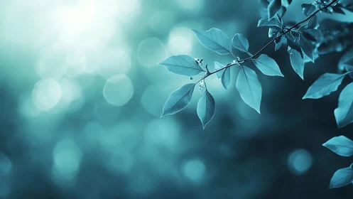 Tranquil branch with leaves in soft blue bokeh background, minimalist style.