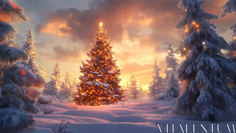 Golden winter sunset with a glowing Christmas tree.