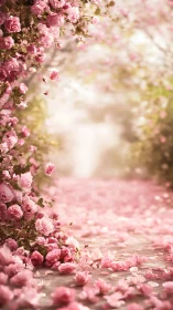 Pink roses frame tranquil garden pathway beneath soft light.