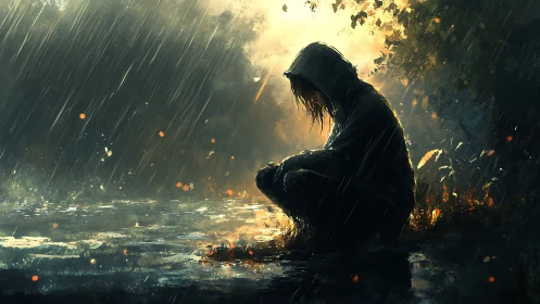 Solitary hooded figure crouched by a rainy forest pool.