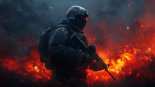 Armored tactical soldier with rifle amid rising flames.