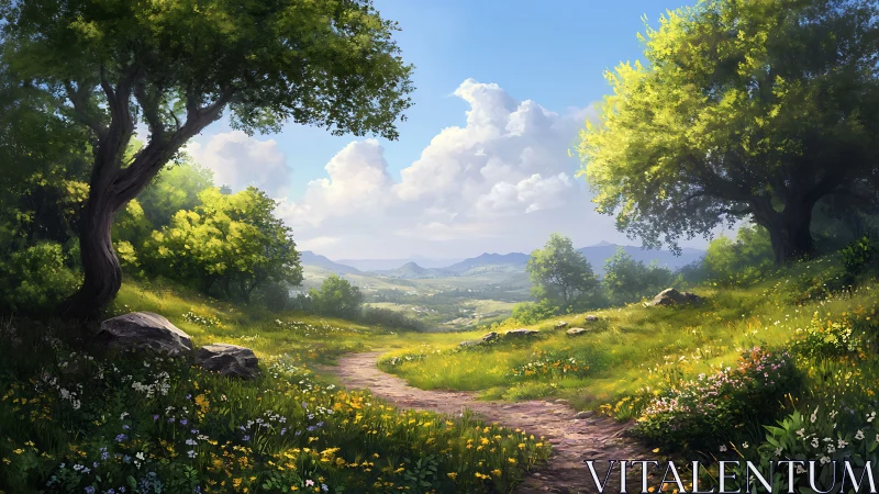 Curved dirt path crosses sunlit meadow beneath large trees