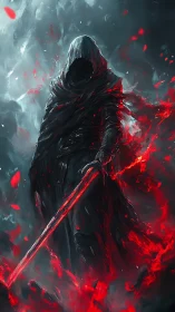 Hooded figure with red energy blade in dark environment.