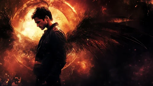 Fallen ember-winged guardian drifts before a burning halo