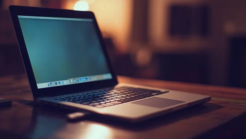 Open laptop on wooden desk under shallow depth-of-field bokeh light