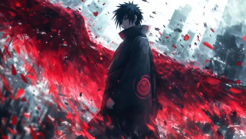 Dark-haired anime figure with red energy wings stands.