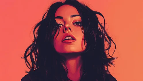Bold digital portrait of woman in vivid coral gradients.