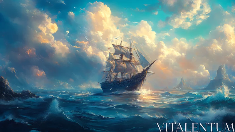 Tall ship under dynamic cloudscape and specular ocean lighting