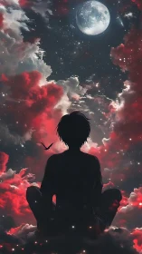 Silhouetted dreamer gazes at a huge moon amid crimson clouds
