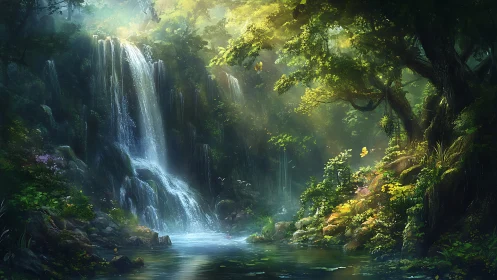 Enchanted Forest Waterfall in Mystical Light