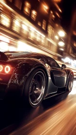 High-performance supercar accelerates through nocturnal cityscape