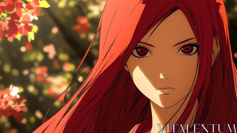 Red haired anime heroine against glowing autumn bokeh.