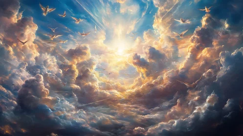 Celestial doves ascending through radiant stormlit clouds.