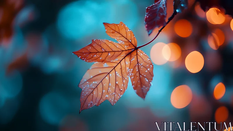 Macro analysis of dew-covered maple leaf against bokeh field.