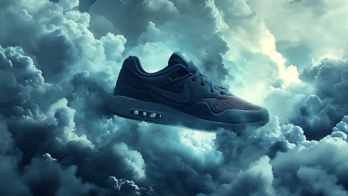 Futuristic Nike sneaker floating in cinematic storm clouds.