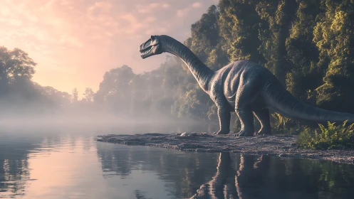 Soft dawn riverbank stroll for a mist-wrapped dinosaur sentinel.